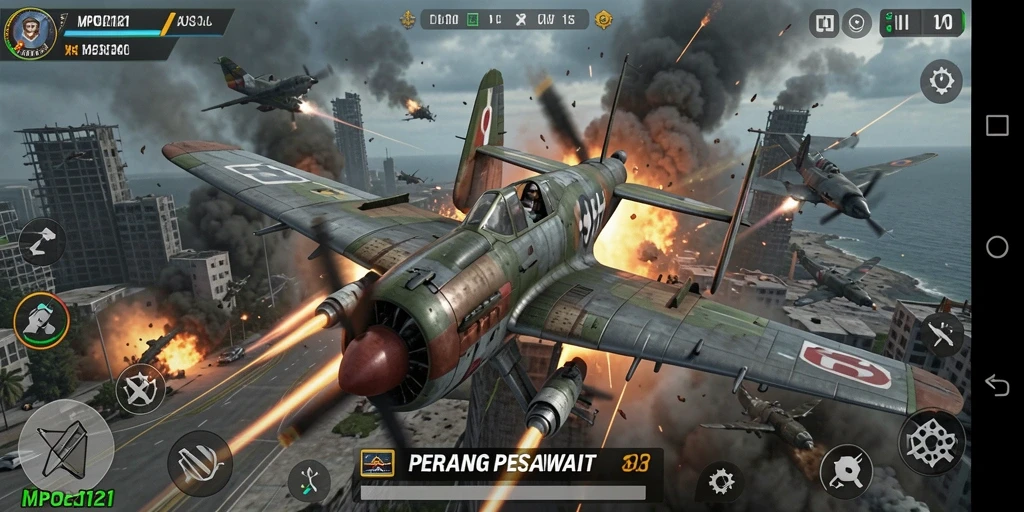 Tampilan antarmuka utama MPO2121 dengan aksi Perang Pesawat yang menakjubkan.